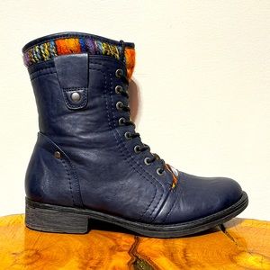 Navy Blue Combat Boots with Multicolor Knit Trim